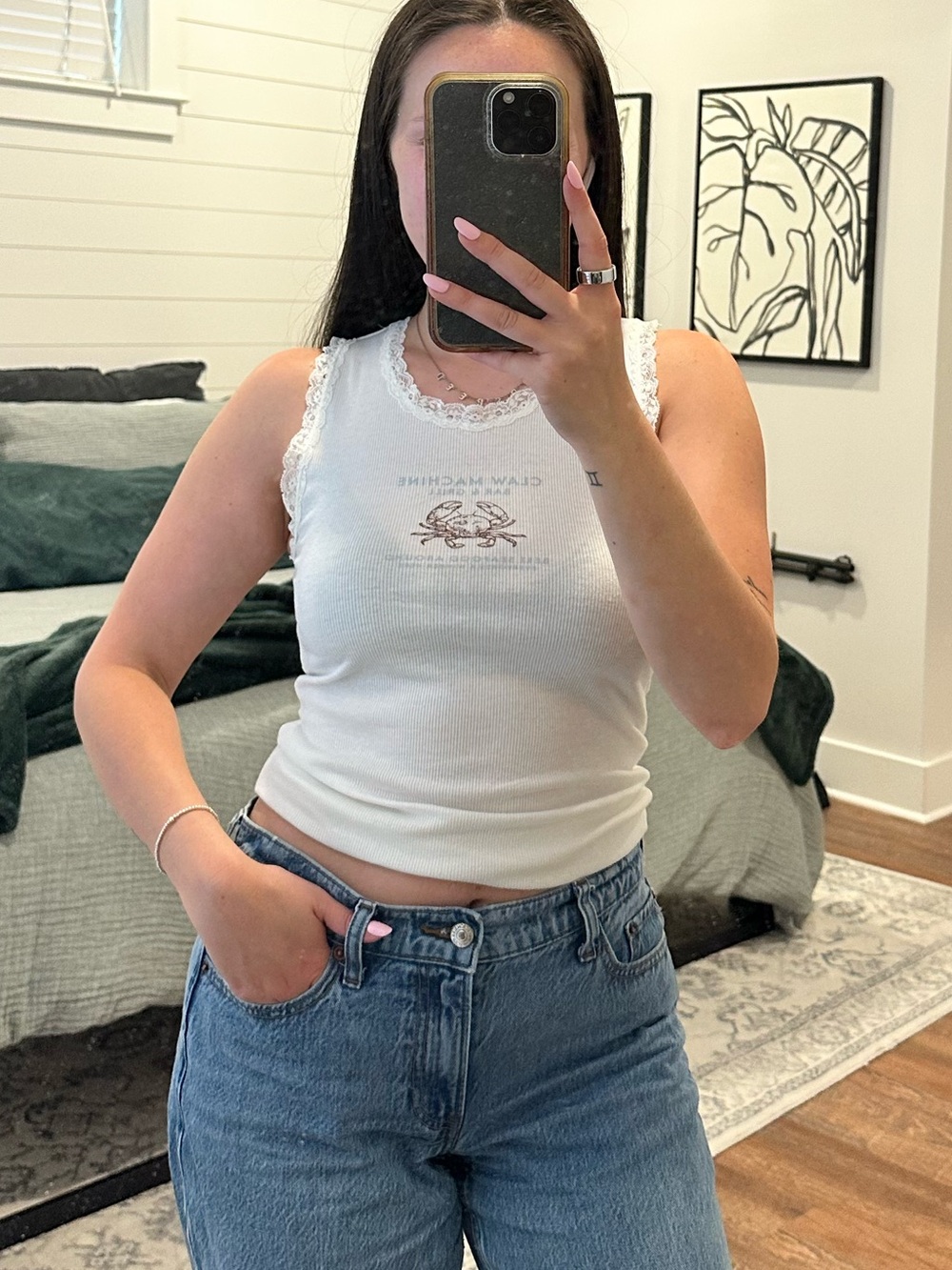 American Eagle Outfitters White Ribbed Lace-Trim Tank